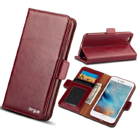 iPhone 6 Plus / 6S Plus Leather Case, Wallet Leather birgus Case [ GENUINE Leather of Cowhide ] (ONE YEAR GUARANTEE) for Apple Phone 6/6S Plus 5.5" with Folio Stand Functions 100% Handmade (CRANBERRY)