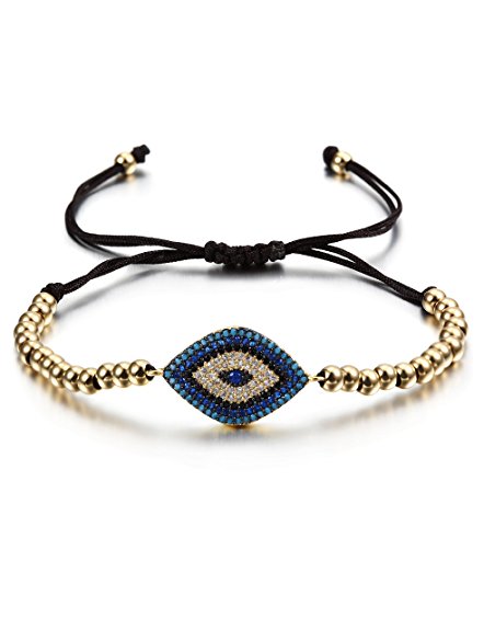 Evil Eye Bracelets for Women Men Black Adjustable Bead Bracelet, Gold Plated