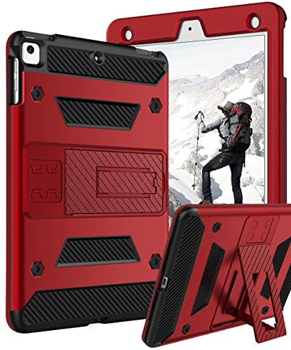 DOMAVER iPad 9.7 2018/2017 Case, Heavy Duty Shockproof Rugged Kickstand Three Layer Hard PC TPU Hybrid Impact Resistant Defender Full Body Protective Case for Apple iPad 9.7-inch 2017/2018-Black/Red