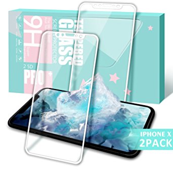 BULESK iPhone X Screen Protector,[2 Pack] 3D Full Coverage Screen Protector, Easy Installation, 9H Hardness, Bubble-Free, Tempered Glass Screen Protector for iPhone X / 10 (White)