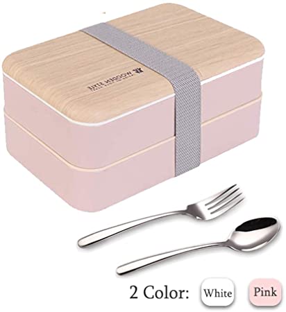 Original Bento Box Lunch Boxes Container Bundle Divider Japanese Style with Stainless Steel Utensils Spoon and Fork Bamboo Black (Pink)