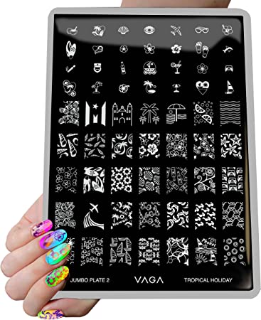 VAGA Nail Art Supplies DIY Nail Stamping Kit Jumbo Plate 2 Tropical Holiday, This Nail Stamping Plate Has 63 Unique Nail Decorations Designs That Can Be Stamped With A Nail Stamper And Nail Polish