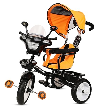 Amardeep and Co Amardeep Baby Tricycle Adore (1-5 Yrs) Plug N Play Wheels, with Cushioned Seat, Safety Armrest, Parental Control, Musical Horn and Canopy (Orange)