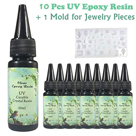10x30ML Crystal Clear UV Epoxy Resin High Transparency Small Bottle Easy Handle UV Glue Resin Crafts Coating Jewellery Making   1 Silicone Mould 20  Shapes DIY Pendants Earrings Necklaces Bracelets