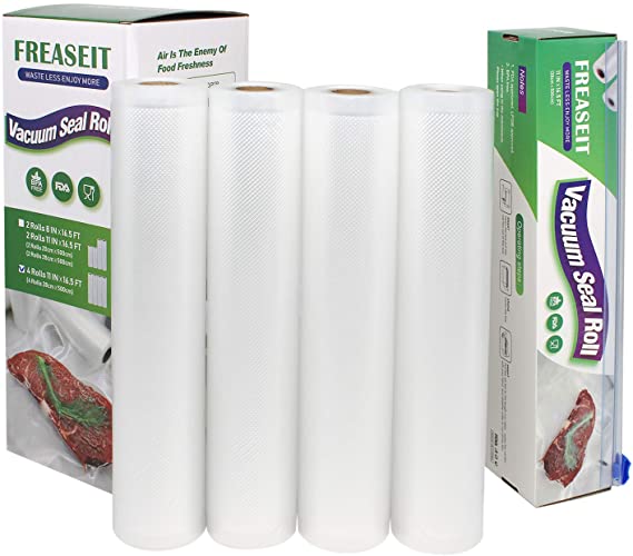 Vacuum Sealer Bag Rolls for Food, A Built in Cutter, BPA Free Heavy Duty Plastic Sealer Vacuum Packing Bags for Food Saver (4 rolls 11"x16.5')