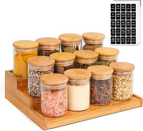 ComSaf Spice Rack with Jars and Labels, 12Pcs 6oz Spice Jars with Labels, Empty Seasoning Jars, Spice Rack Organizer for Cabinet, 3 Tier Bamboo Spice Rack for Table, Pantry, Cupboard