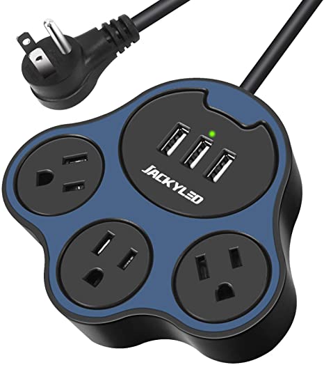 5ft Paw Shape Flat Plug Power Strip for Travel Cruise Ship, 10A 3 Outlets and 3.1A 3 USB Ports Extension Cord Fast Charging Fireproof Electric Desktop Charger for Home Office School Ship, Blue Black