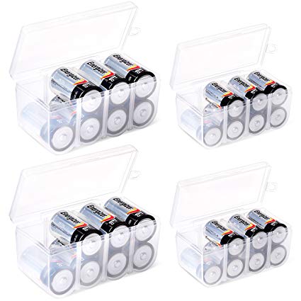 Set of 4 - Two C and Two D Battery Storage Box, Battery Storage Case, Battery Holder Clear (C - D)