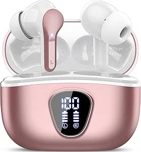 Wireless Earbuds, Bluetooth 5.3 Headphones HiFi Stereo, Bluetooth Earbuds with ENC Noise Cancelling Mic, IP7 Waterproof in Ear Earphones, 48H, LED Display Ear buds for Phones Workout Sports, Rose Gold