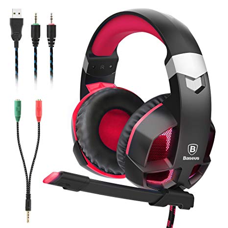 Baseus Gaming Headset for PS4, Nintendo Switch, PC, Noise Cancelling Over Ear Headphones Mic, LED Light, Soft Memory Earmuffs (Red)
