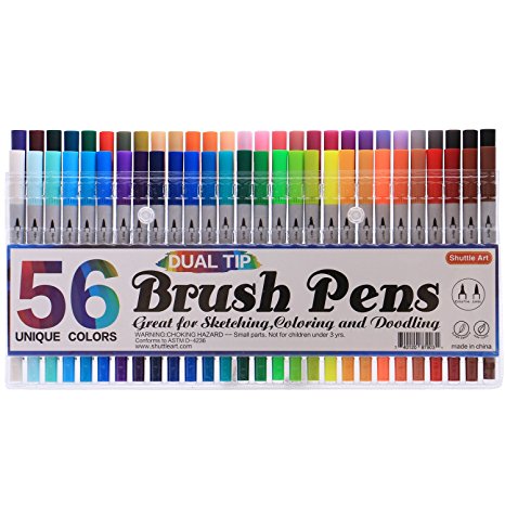 Shuttle Art 56 Colors Dual Tip Brush Pens Art Markers,Brush Tip with Fineliner 0.4 Markers Pen Set for Adult coloring books