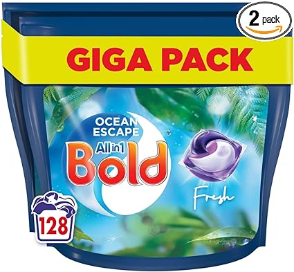 Bold All-in-1 PODS Washing Liquid Laundry Detergent Tablets / Capsules, 128 Washes (64 x 2), Ocean Escape, With Built-In Lenor Fabric Softener