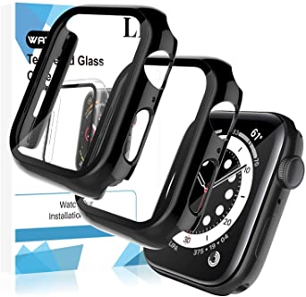 LK 2 Pack Case Compatible with Apple Watch Series 6 SE 40mm Built-in Tempered Glass Screen Protector, Model No. TCB916, Hard PC Protector Cover, Plating Black