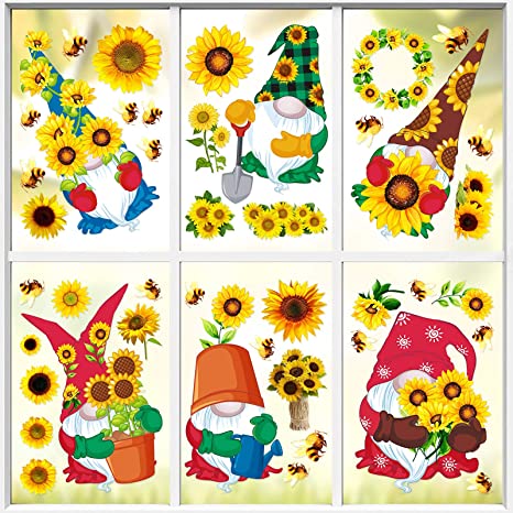 Summer Sunflower Patterns Window Sticker Decor Sunflower Bee Gnome Stickers for Spring Holiday Birthday Parties Bedroom Nursery Living Room Wall Decor (43 Pieces)