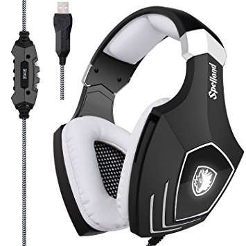 [2017 Newly Updated USB Gaming Headset] SADES A60/OMG Computer Over Ear Stereo Headsets Heaphones With Microphone Noise Isolating Volume Control LED Light (Black White) For PC And MAC