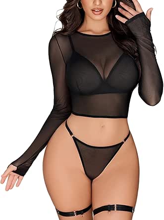 Avidlove Lingerie Sets for Women Sexy Rave Outfits Festival Mesh Long Sleeve Crop Tops Bra and Panty Sets