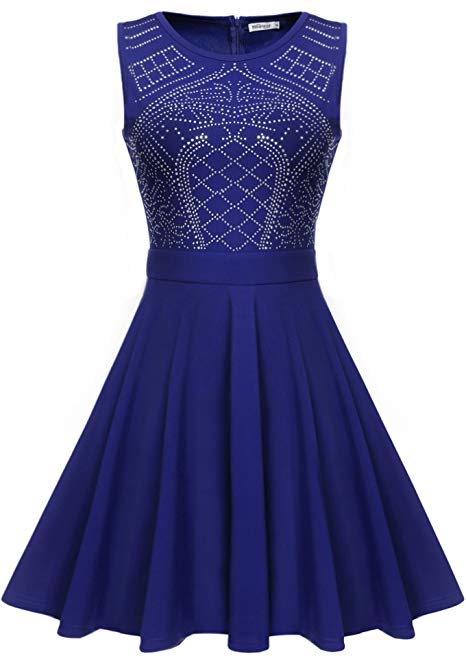 Meaneor Women's Sleeveless Rhinestone Embellished Fit and Flare Swing Dress