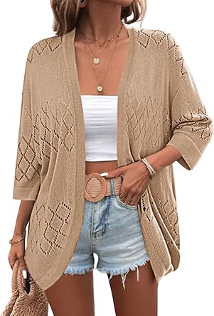 Zeagoo Womens 2024 Lightweight Crochet Cardigan Sweaters Open Front 3/4 Sleeve Knit Kimono Summer Boho Cover Up