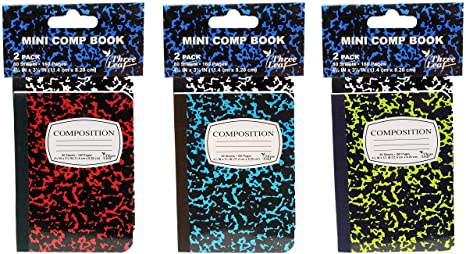 6 Mini Marble Composition Notebooks, 4-1/2" x 3-1/4", College Ruled, 80 Sheet (160 Pages) - Colors: Red, Green, Yellow, Blue, Black. (6-Pack, Random Colors)