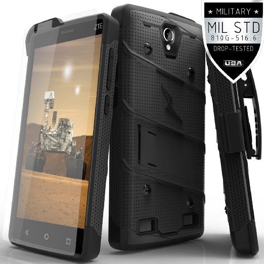 ZTE ZMAX 2 Z955L Z958 Case, Zizo® Bolt Cover [.33m 9H Tempered Glass Screen Protector] Included [Military Grade] Armor Case Kickstand Holster Clip