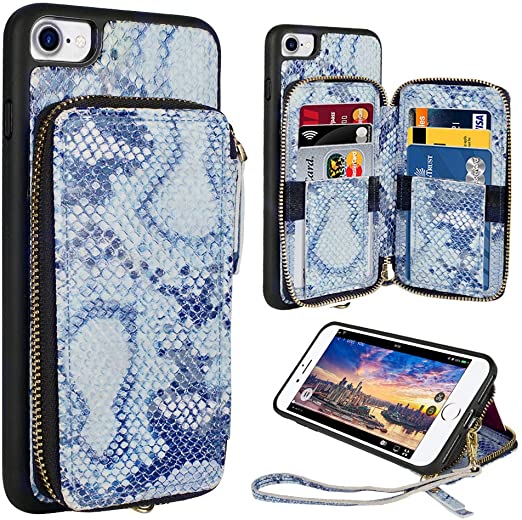 ZVE iPhone 8 Wallet Case, iPhone 7 Zipper Wallet Case with Credit Card Holder Slot Wrist Strap Protetive Handbag Purse Wallet Case for Apple iPhone 8 7,4.7 inch - Blus Snake Skin