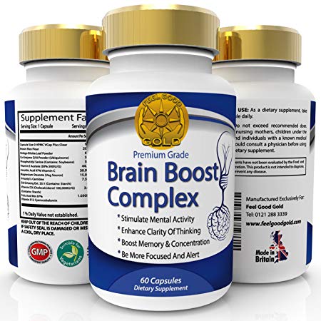 Premium Brain Boost Nootropics Max Strength Complex of Vitamins for Memory, Focus, Concentration, Cognitive Function Enhancement and Neuro Nutrition - 60 Capsules 2 Months Supply - and No Risk 100% Money Back Guarantee. By Feel Good Gold.