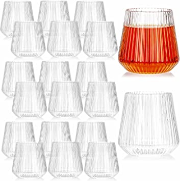 Tebery 20 Pack Plastic Ribbed Wine Glasses Wine Cups,14 Oz Origami Style Ridged Drinking Glasses Tumbler, Unique Vintage Stemless Cups Disposable & Reusable for Champagne, Dessert, Catering, Weddings
