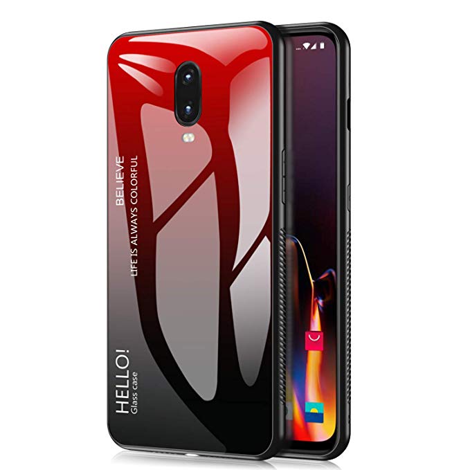 Oneplus 6T Case,Gradient Bicolor 9H Tempered Glass Series-Slim Light Weight Thin Drop Proof Cover with Soft Protective Bumper Compatible with Oneplus 6T Smartphone (Gradient red)