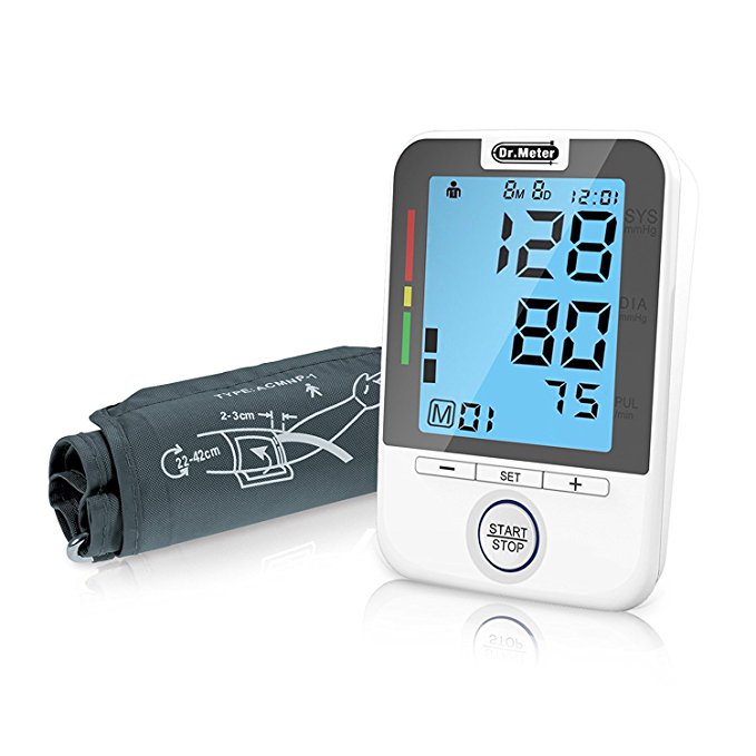 Dr.Meter Automatic Upper Arm Blood Pressure Monitor Wide-Range Cuff, Large Backlit LCD, Memories for 2 Users, Date Hold Irregular Heartbeat Indicator