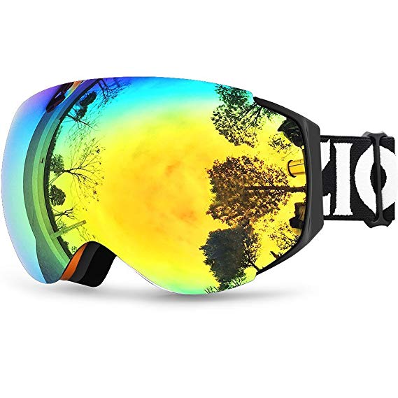 ZIONOR Lagopus X6 Ski Goggles, Snowboard Snowmobile Snow Goggles with UV400 Protection Anti-fog Spherical Frameless Oversize Dual Lenses Goggles (Revo Gold)