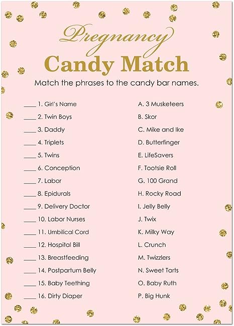 MyExpression.com Sweet Pregnancy Candy Match Baby Shower Game - 24 Count - (Faux Gold Glitter on Pink)