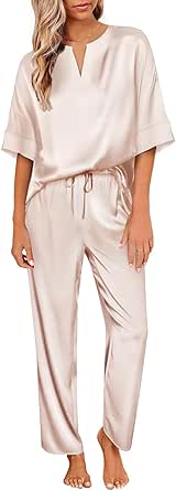 Ekouaer Satin Pajama Set Womens Silk Short Sleeve V Neck Shirt with Long Pant Soft Loungewear Pjs Set