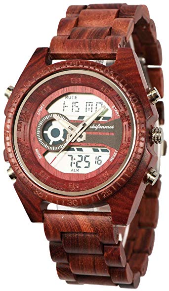 Men's Wood Watch, shifenmei S2139-1 Lightweight Wooden Watch Digital Quartz Japanese Movement Wood Wrist Sport Watches for Men Gifts with 4 Mode and EL Backlight
