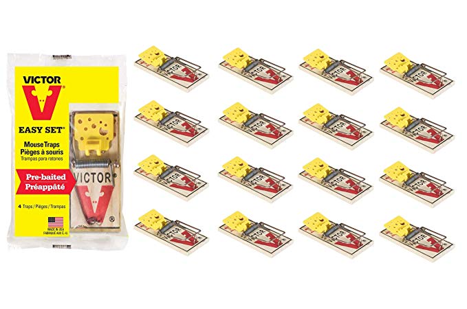 Victor Easy Set Mouse Trap 4 Pack M033 - Wooden Easy Set Mouse Trap - Prebaited, 16 Traps Total