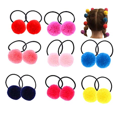 16 Pcs (8 Pairs) Pom Balls Elastic Hair Ties for Toddler Girls' Pigtail