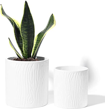 POTEY Ceramic Planters - 4.3"   5.7" Cylindrical Wood Grain Flower Pots Indoor Elegant Medium Plant Containers with Drain Hole - Set of 2 - White 212821