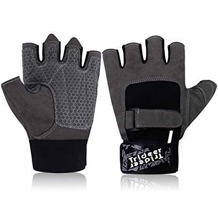 Trideer® Weight Lifting Gloves, Gym Workout training crossfit sport fitness bodybuilding exercise light glove, Half finger(fingerless) microfiber material&silica gel grip glove with wrist&strap support, for men&women/ladies/female(Grey Black)