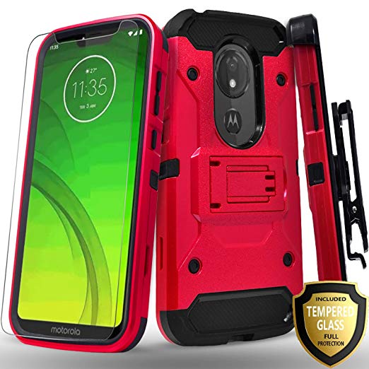 Moto G7 Power Case, Moto G7 Supra XT1955 Case, With [Tempered Glass Screen Protector], Full Cover Heavy Duty Dual Layers Phone Cover with Kickstand and Locking Belt Clip-Red