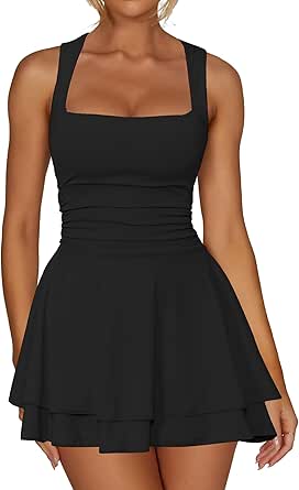 Kaximil Women's Square Neck Ruffle Hem Mini Dress Ruched Waist Short Party Dresses