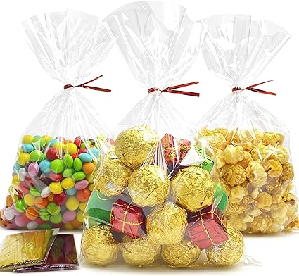 Morepack Cellophane Bags 6x10 Inches Clear Cellophane Treat Bags With Twist Ties,200Pieces