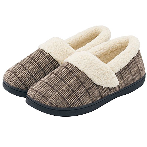 HomeIdeas Men's Woolen Fabric Plaid House Slippers, Anti-Slip Winter Indoor/Outdoor Shoes