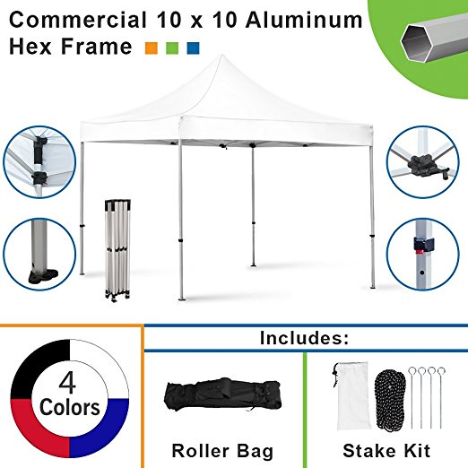 Commercial Instant 10' x 10' Canopy Tent Kit - EZ Pop Up Tent - Aluminum Hex Frame - Water-Resistant 450D Canopy with Roller Bag & Stakes (White)