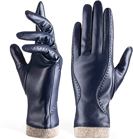 Womens Winter Leather Gloves Touchscreen Texting Driving Gloves With Warm Wool Lining