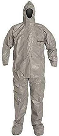 Dupont Tychem F SafeSPEC Coverall TF169TGY with Respirator Fit Hood, Elastic Wrists, Attached Boots, Taped Seam, Storm Flap, Grey [Price is per Each] SIZE 2XL