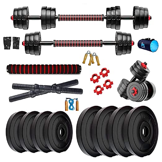 Bodyfit Dumbles Gym Set, Home Gym Weight Plates   3in1 Extension-Convertor Rod, Star Dumbbell Rods Pair, Strength Exercise Set, Gym Bag. (20kg Weight Plates)