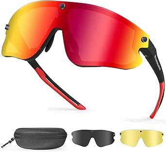 Odoland Polarized Sport Sunglasses with Magnetic Lenses for Men Women, UV400 Cycling Sunglasses with Interchangeable Lenses for Driving Cycling Baseball Outdoor Sports,Red