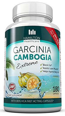 80% HCA Super Strength Garcinia Cambogia Extreme 180 Fast Acting Capsules. All Natural Appetite Suppressant and Weight Loss Supplement By Hamilton Healthcare up to 1400mg Per Serve for Maximum Results