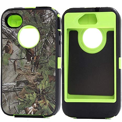 Kecko(TM) Heavy Duty Defender Tough Armor Shockproof Dirtproof Hunting Tree Camo High Impact Hybrid Combo Hard Case Cover Protective Skin W/ Built In Screen Protector for iphone 4/4s--Camo Trees on the Core (Forest Green)