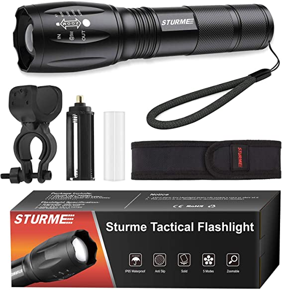 STURME LED Tactical Flashlight,5 Modes Ultra Bright Zoomable IP65 Water-Resistant High Lumens CREE LED Handheld Flash Light, Perfect for Camping Outdoor Sports Home Use