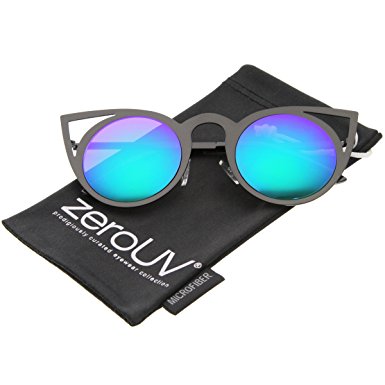 zeroUV - Womens Fashion Round Metal Cut-Out Flash Mirror Lens Cat Eye Sunglasses